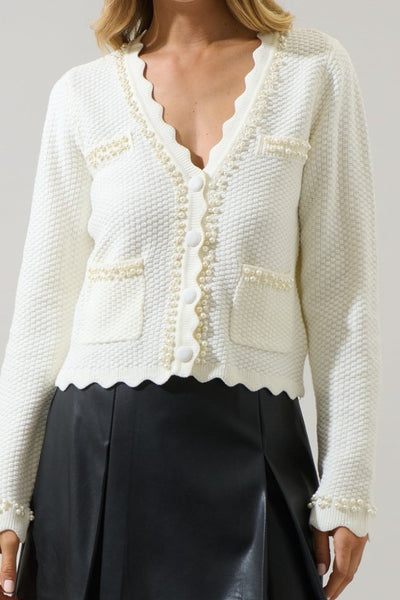 Yania Scallop Pearl Cardigan - White