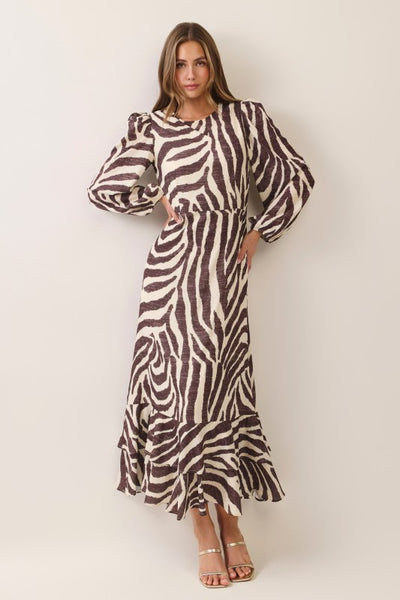 Zebra Print Ruffle Maxi Dress - Brown