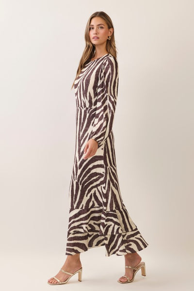 Zebra Print Ruffle Maxi Dress - Brown
