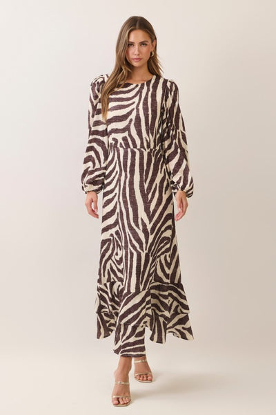 Zebra Print Ruffle Maxi Dress - Brown