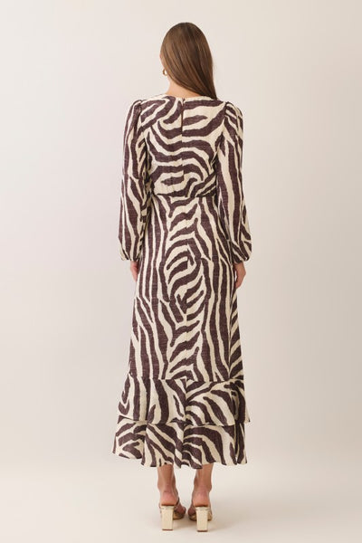 Zebra Print Ruffle Maxi Dress - Brown