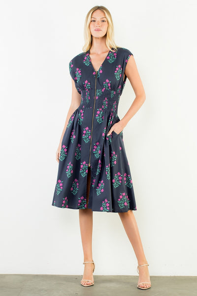 Zipper Front Flower Dress - Navy