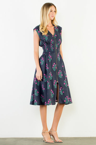 Zipper Front Flower Dress - Navy