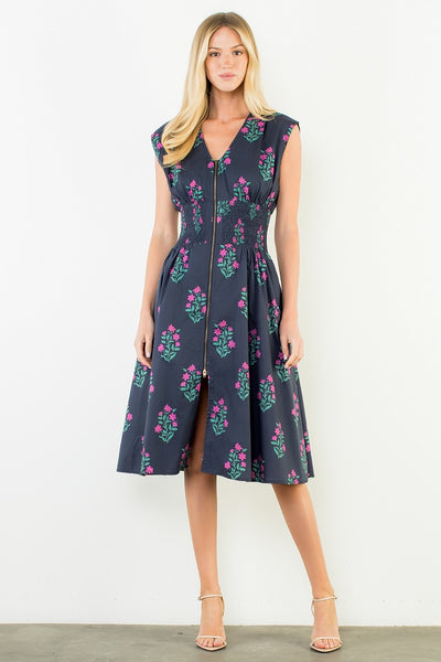 Zipper Front Flower Dress - Navy