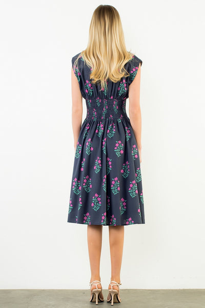Zipper Front Flower Dress - Navy