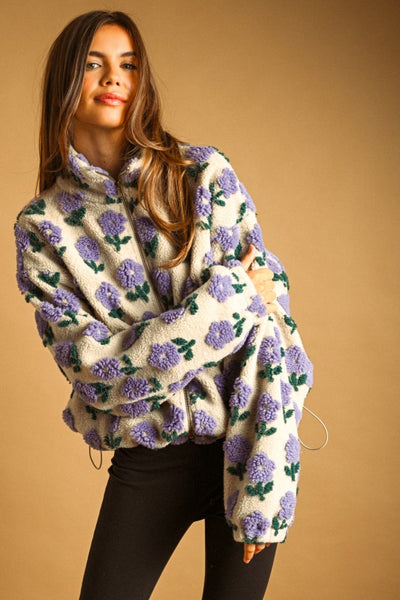 Zipper Front Flower Jacket - Purple
