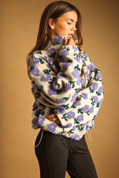 Zipper Front Flower Jacket - Purple